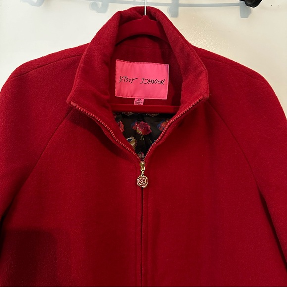 BETSEY JOHNSON Cape Swing Coat Red Wool Blend Full Zip W/Pockets Size Medium - Picture 2 of 10